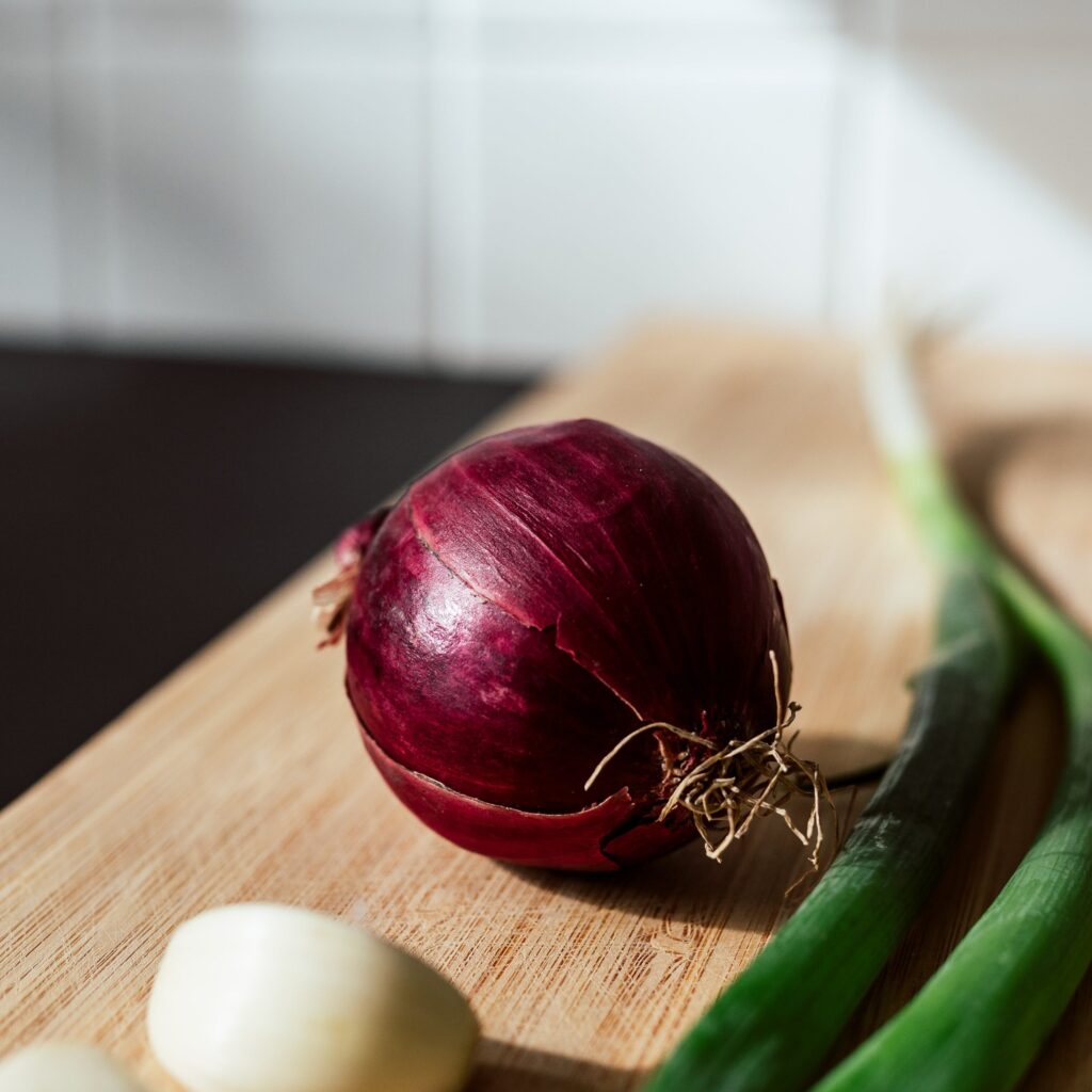 Onion on a cutting board with the root 